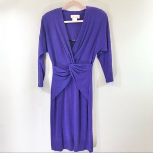 Vintage Early 70s Vicky Vaughn Purple Twist Front Deep V-Neck Sweater Dress